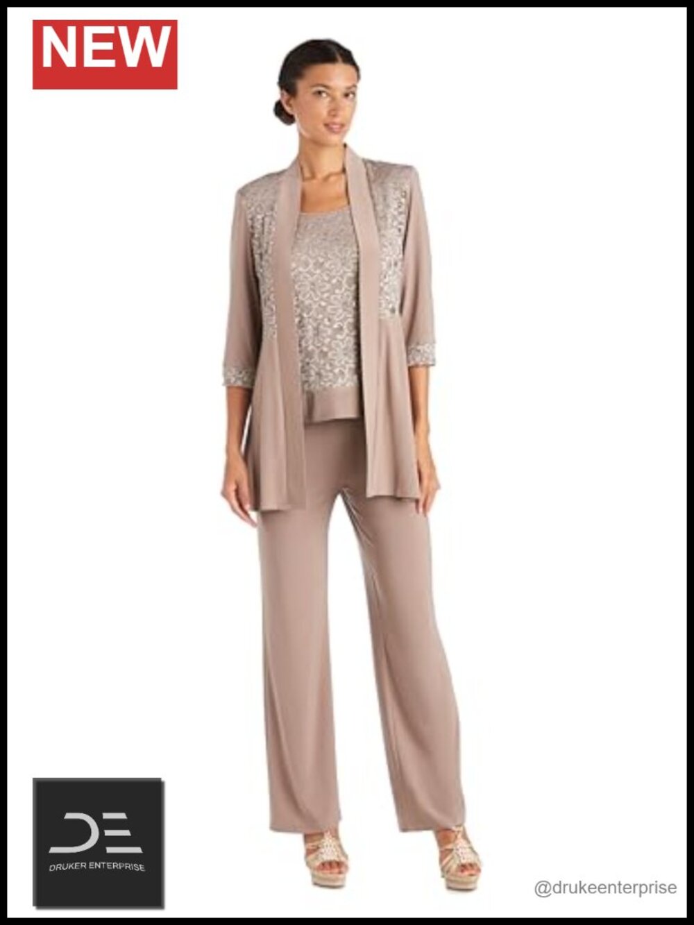 Women's Plus Size Lace Pant Set Glitter Floral Mock Jacket Pull-On Pants